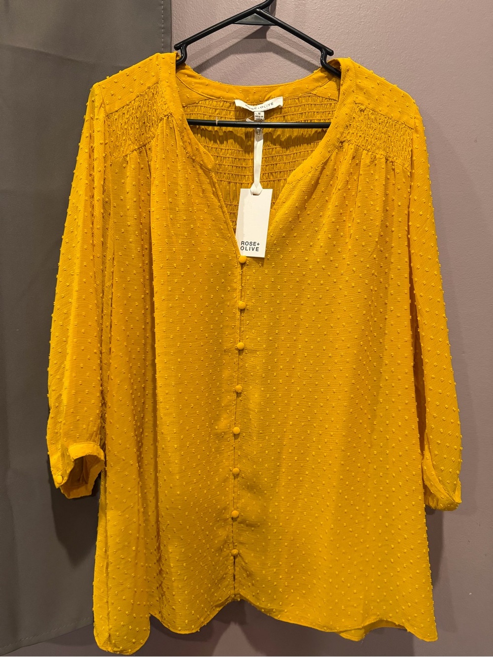 Rose & Olive Women's Mustard Button-Front Swiss Dot Blouse